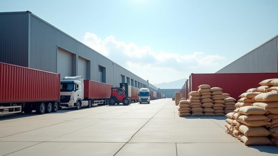 Modern logisztikai központ, konténerekkel és kamionokkal, a háttérben kávézsákok