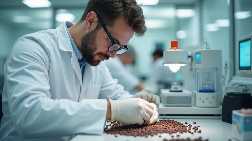 Minőségellenőr laboratóriumban kávébabokat vizsgál, nagyítóval és mérlegekkel