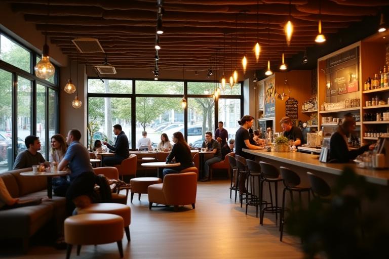 Hangulatos, modern kávézó belső tér, meleg fényekkel és fa elemekkel, ahol az emberek kényelmesen beszélgetnek.