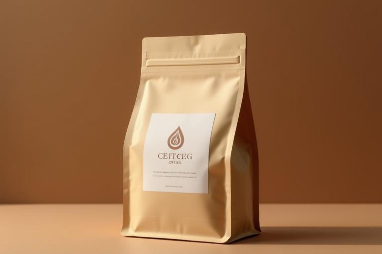 Elegáns kávécímke és csomagolás, letisztult logóval. A csomagolás színei harmonizálnak a természetes földszínekkel.