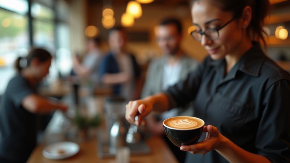 Egy barista öntögeti a tejet a kávéba, miközben háttérben nyüzsgő kávézó. Professzionális kép.