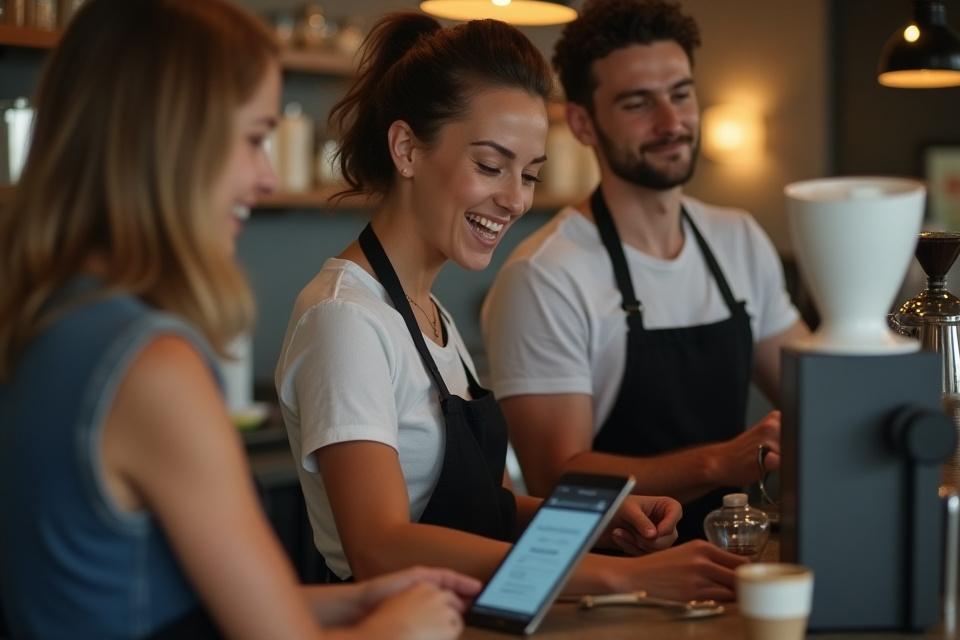 Barista digitális tableten keresztül vesz fel rendelést, miközben háttérben sorakozó kávéscsészék, kávékiöntők és latte art elem látszódik.