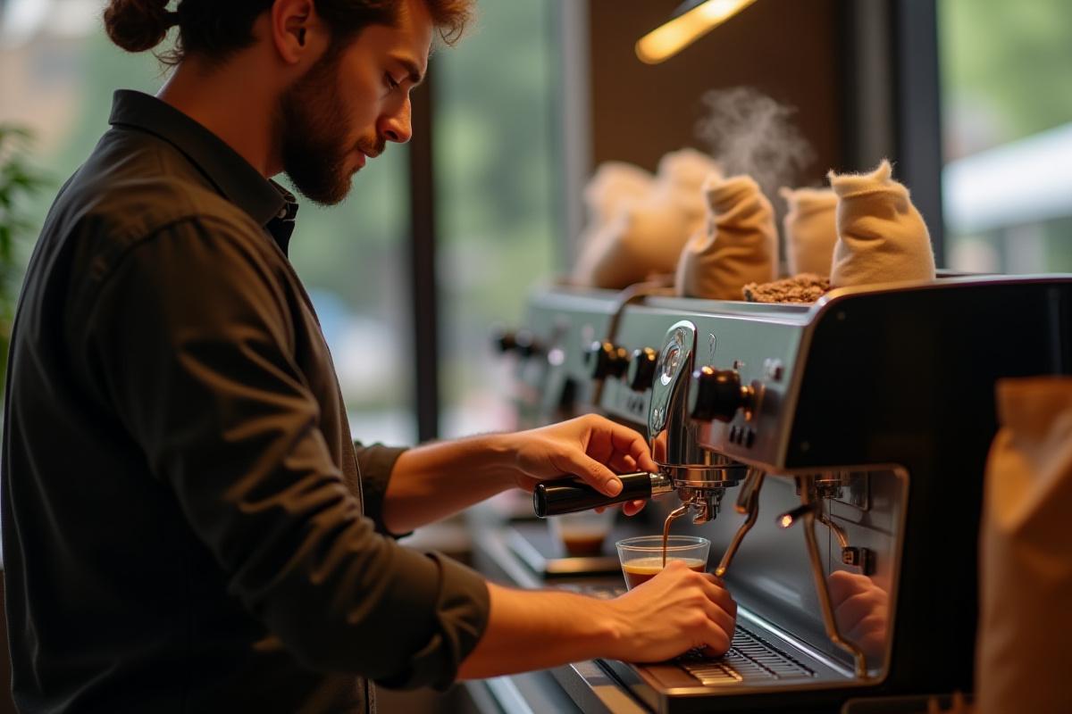Barista specialty kávét készít egy modern kávézóban, háttérben kávébabos zsákok és high-tech kávégép.